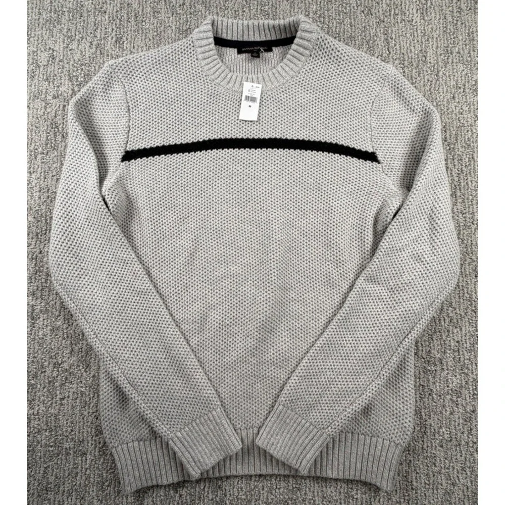 Banana Republic Sweater Mens M Grey Black Stripe Waffle Knit Cotton Wool 872307